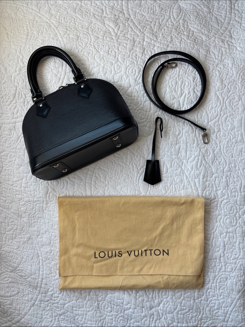 Louis Vuitton Black Epi Alma BB with Strap and Dust Bag